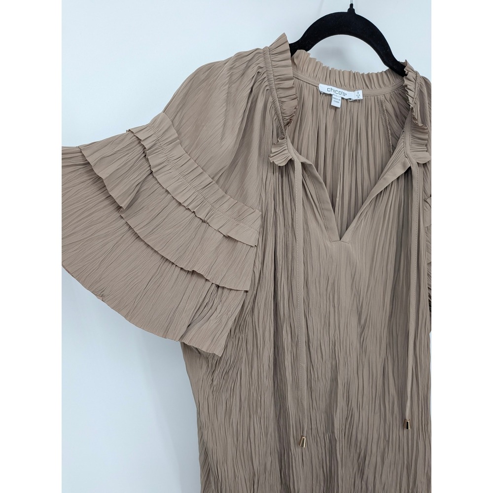 Chicos Blouse Women XL Brown Pleated Ruffle Tiered Sleeve V-Neck Office Top - Picture 2 of 6
